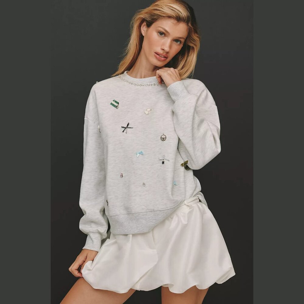 NEW Maeve - Sizes XS to 1X Icon Sweatshirt Embellished Crewneck - Heather Grey